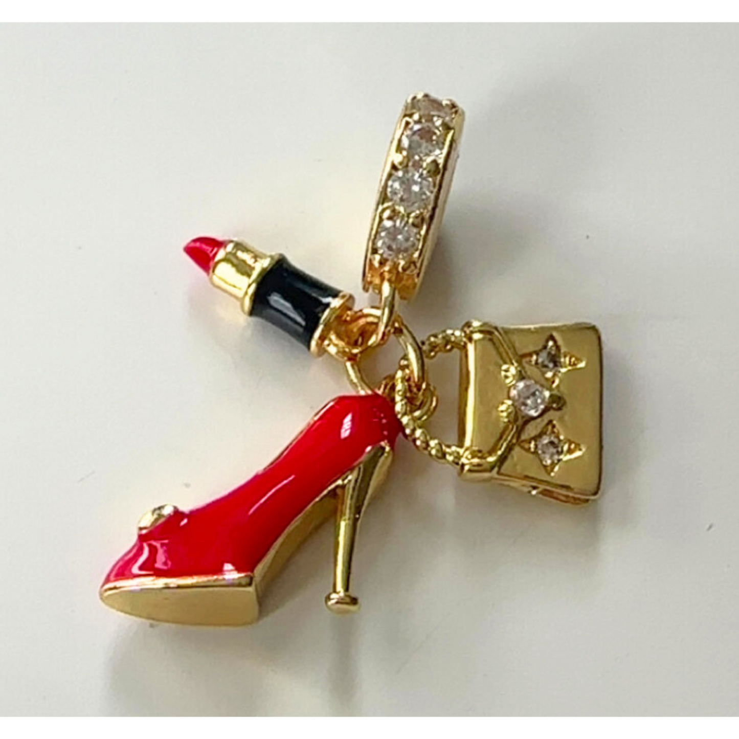 Gold Rhinestone Red High Heels, Purse, & Lipstick Charm