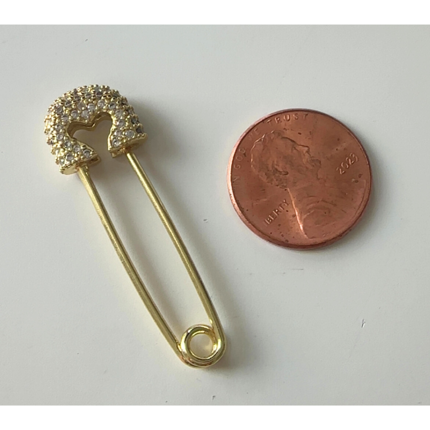 Gold Rhinestone Heart Safety Pin Charm