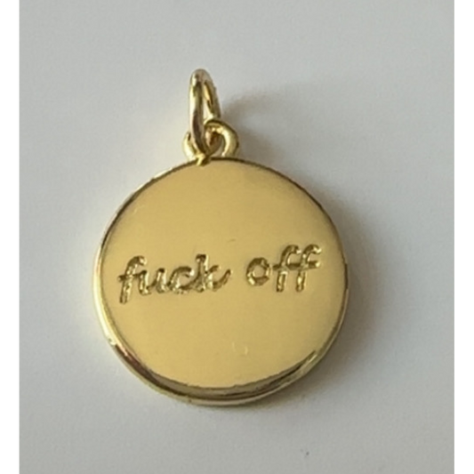 Gold pendant with 'fuck off' engraving on a white background