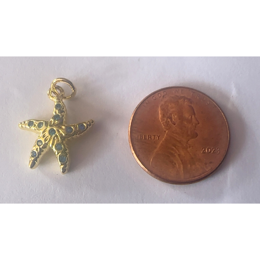 Gold starfish charm next to a penny on a white background