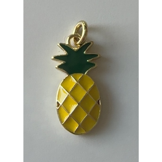 Pineapple-shaped pendant with green top and yellow body on a light gray background