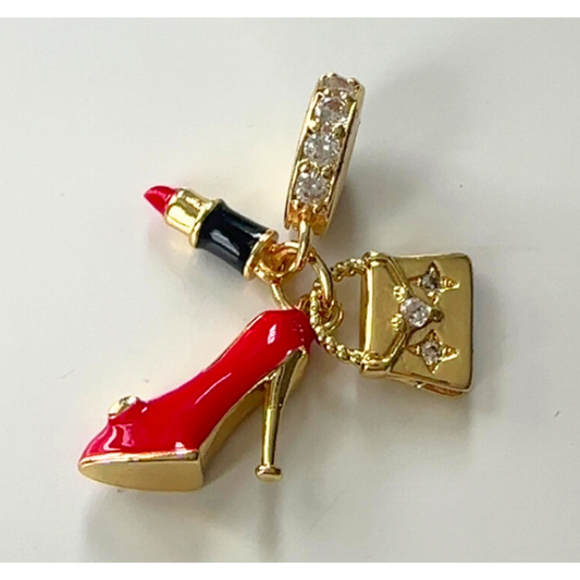 Gold Rhinestone Red High Heels, Purse, & Lipstick Charm