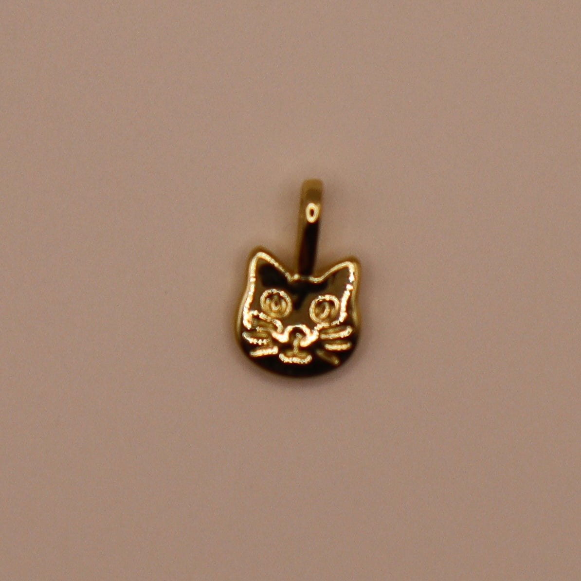 Gold cat-shaped pendant on a beige background