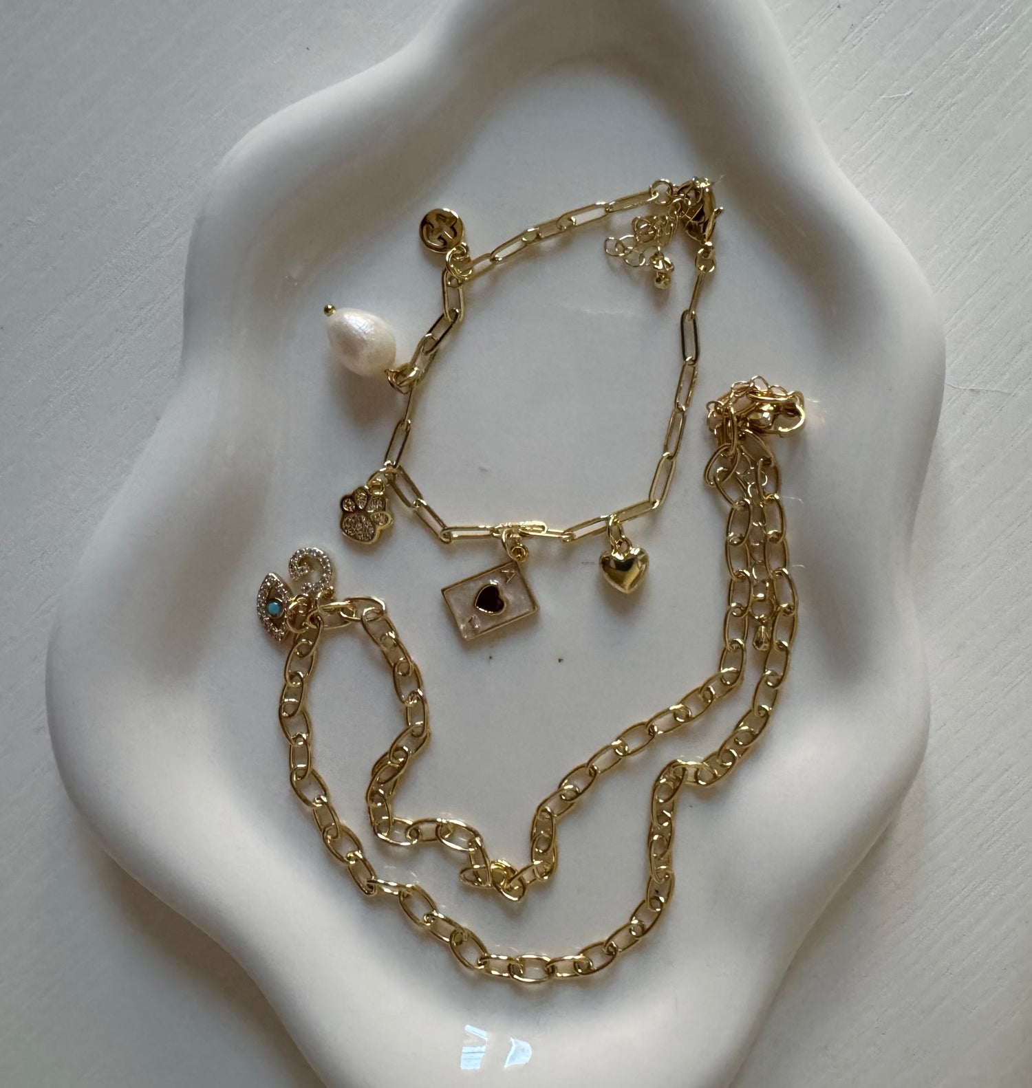 Gold chain bracelet and necklace, charm jewelry