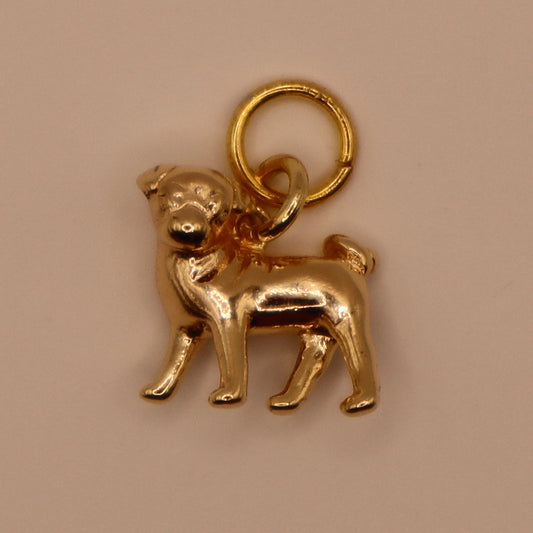 Gold dog-shaped charm on a beige background