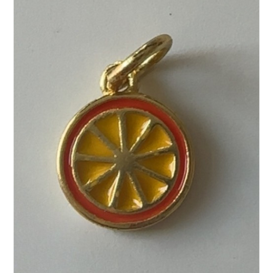 Gold orange pendant with yellow and red design on a white background