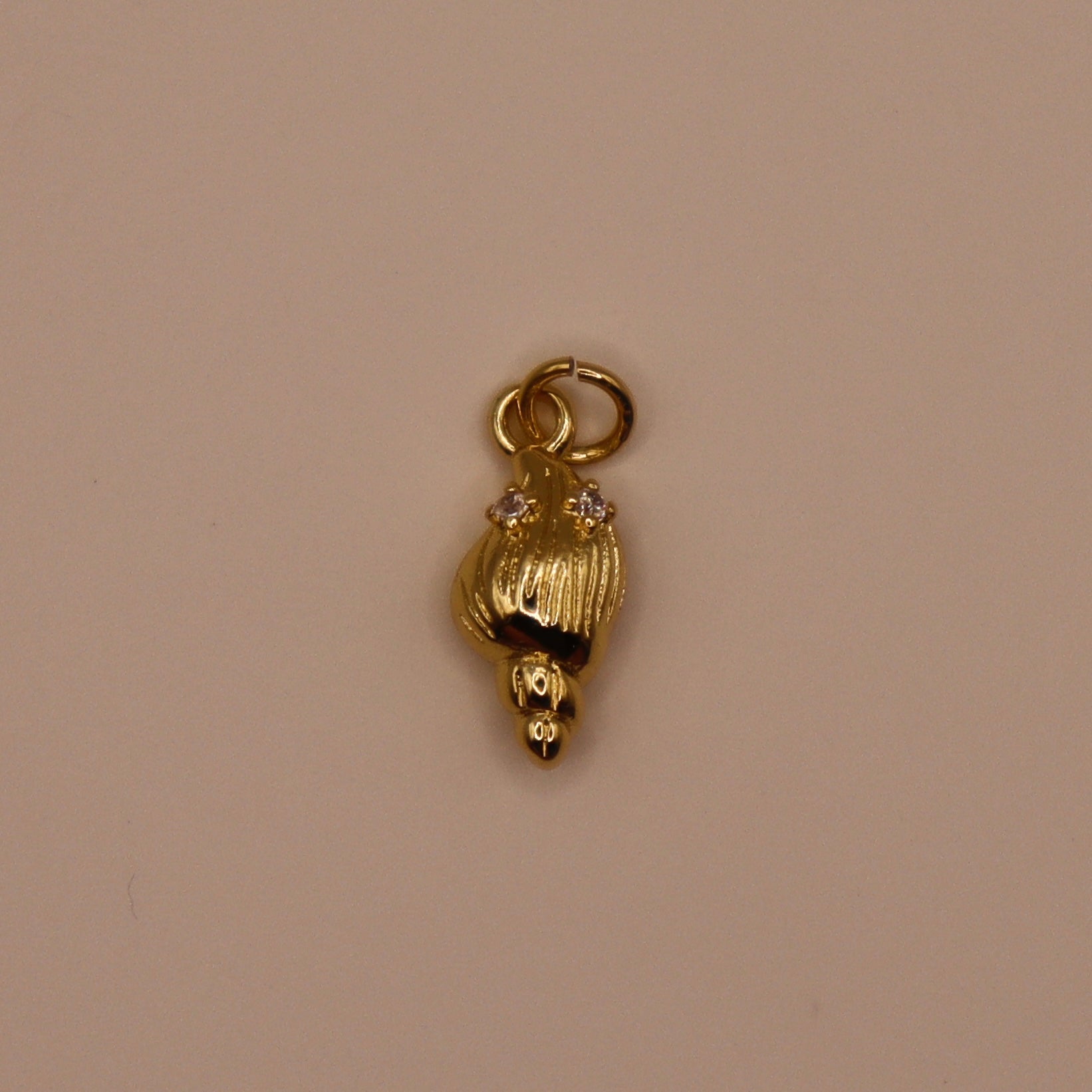 Gold shell charm on a beige background