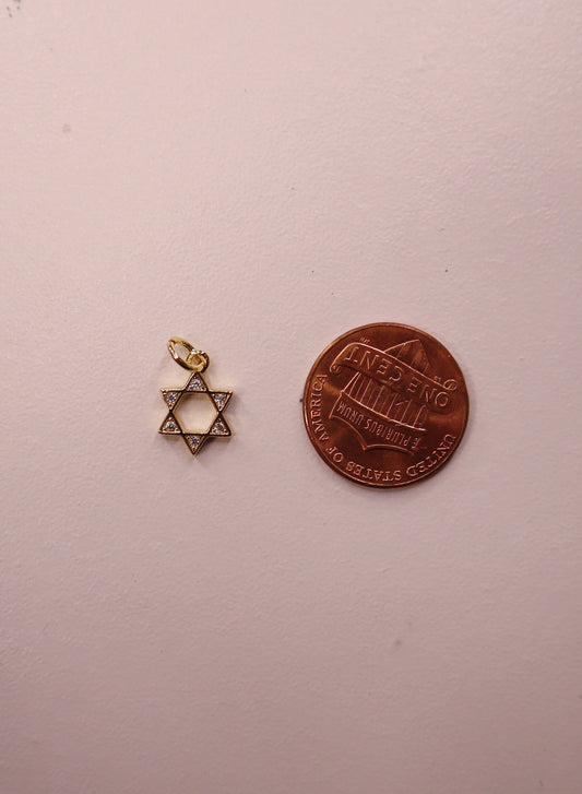 Small gold Star of David pendant next to a copper coin on a pink background
