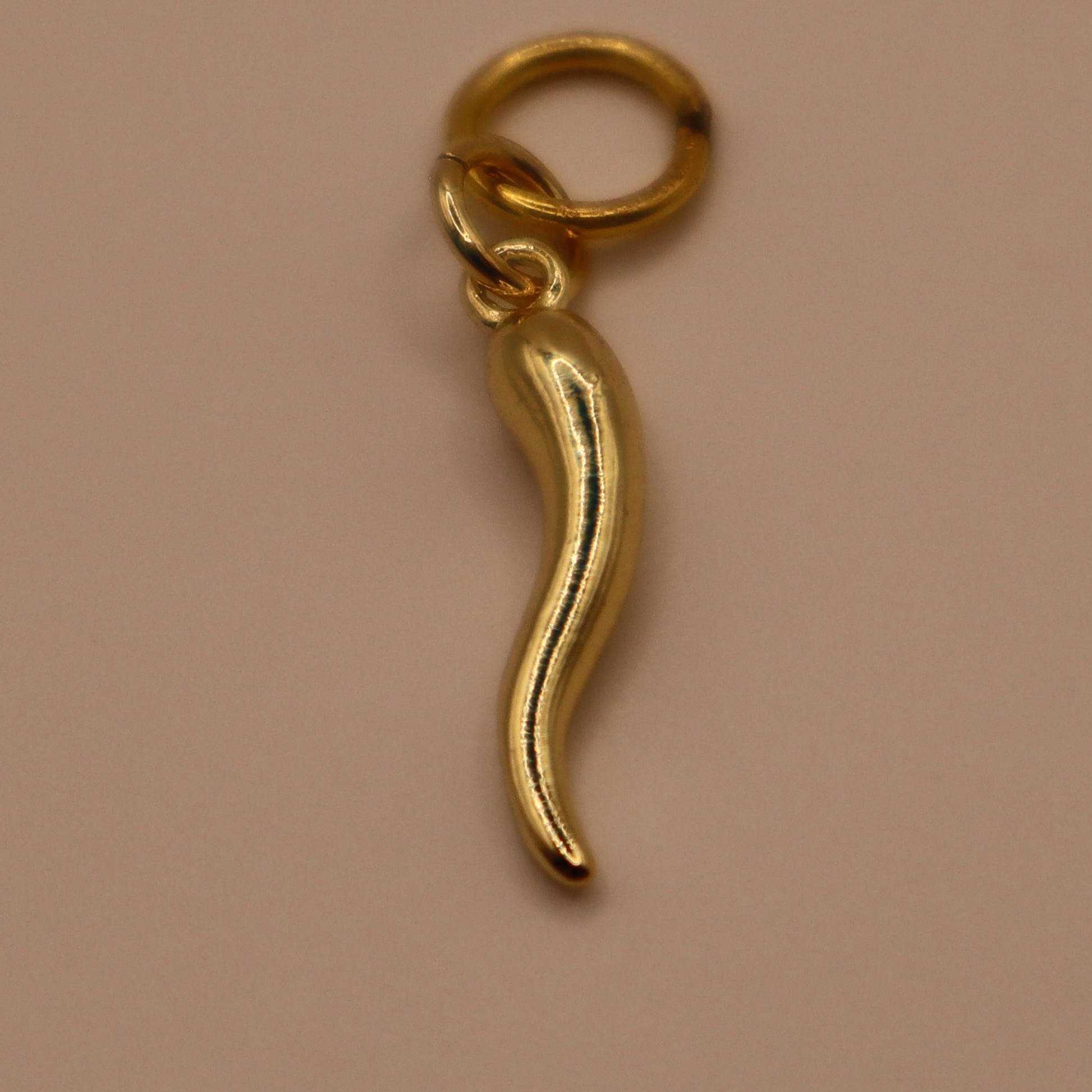 Gold charm Italian horn on a beige background